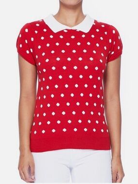 YEMAK Women's Polka Dot Collar Short Sleeve  Sweater L